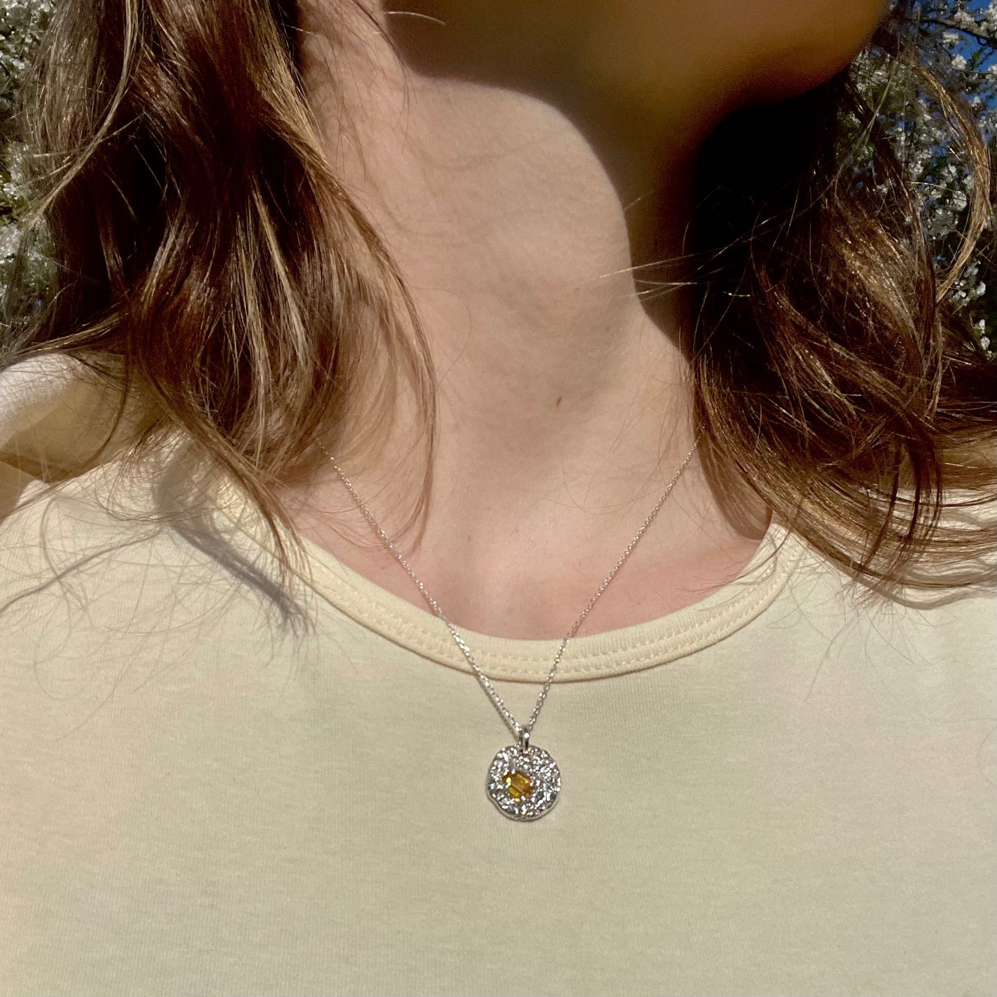 Textured Medallion Necklace with Baguette Stone