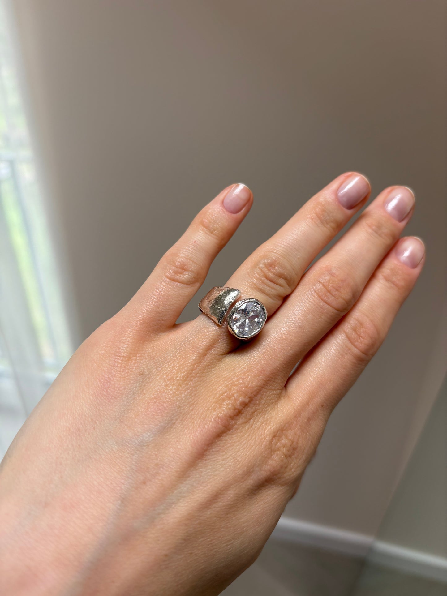 Open Oval Stone Chunky Silver Ring