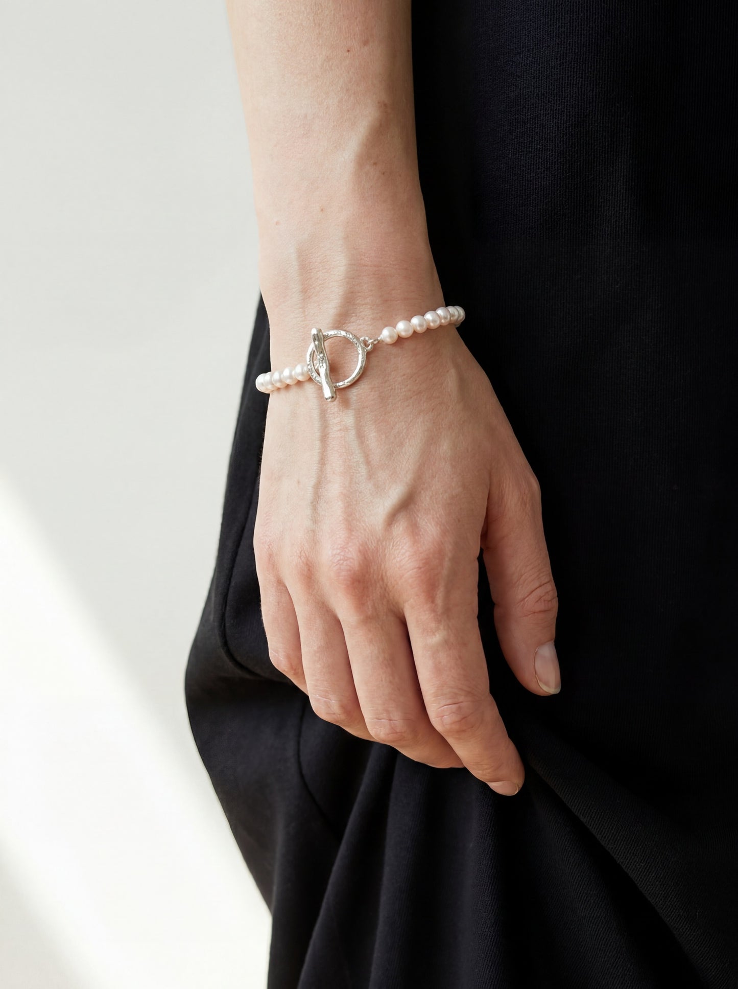 White Pearl Bracelet with Handmade T-Bar Closure