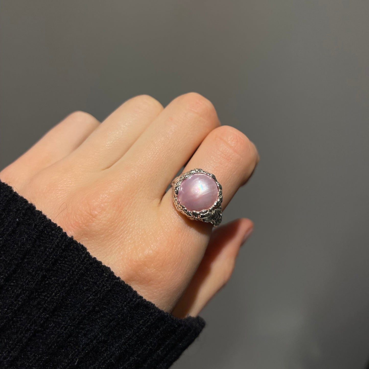 Chunky Pink Mabe Pearl Silver Adjustable Ring