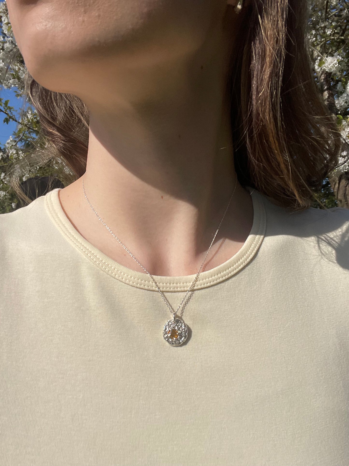 Textured Medallion Necklace with Baguette Stone