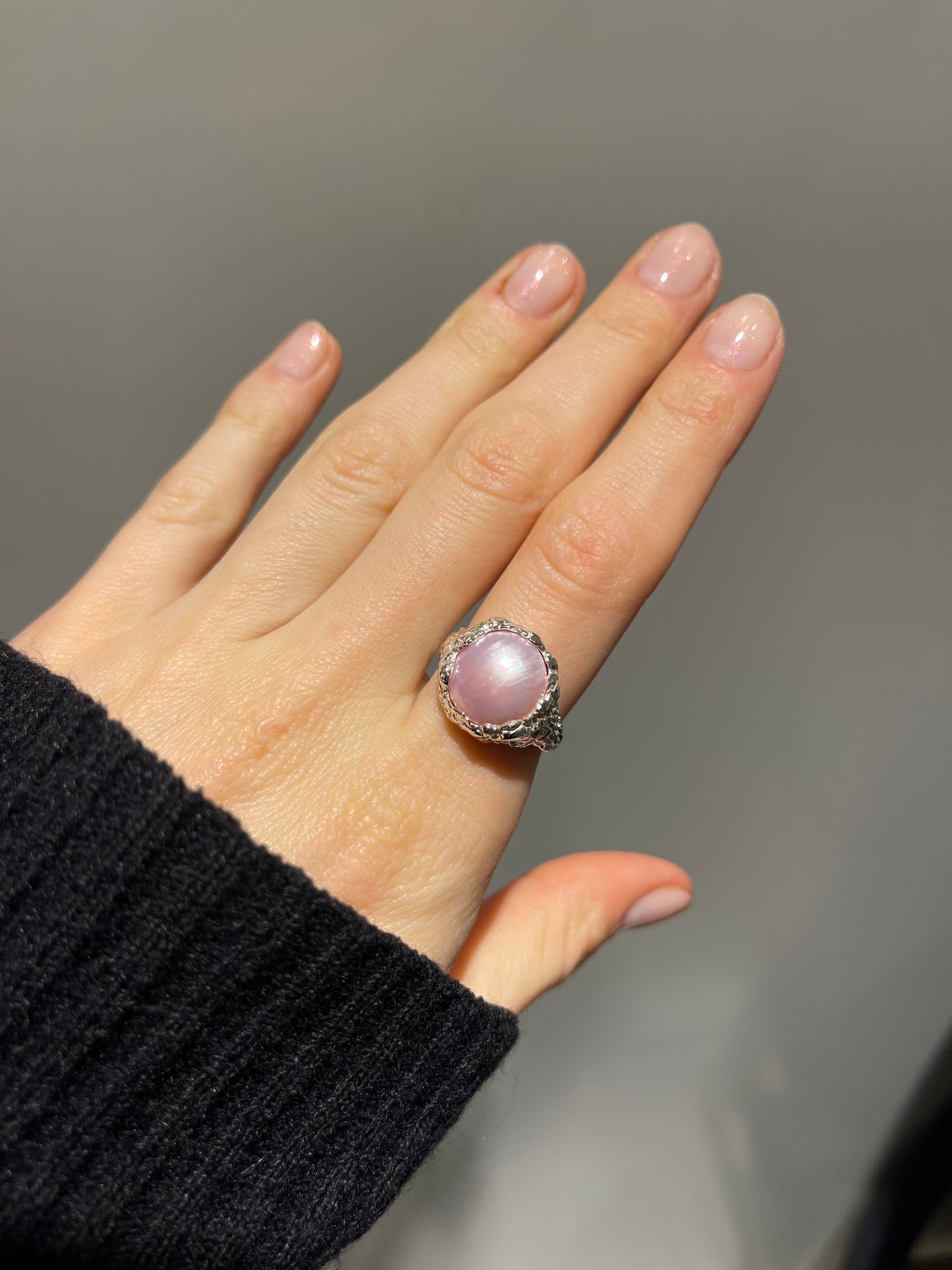 Chunky Pink Mabe Pearl Silver Adjustable Ring
