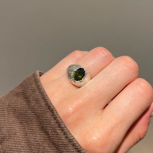 Chunky Dark Green Silver Dome Ring
