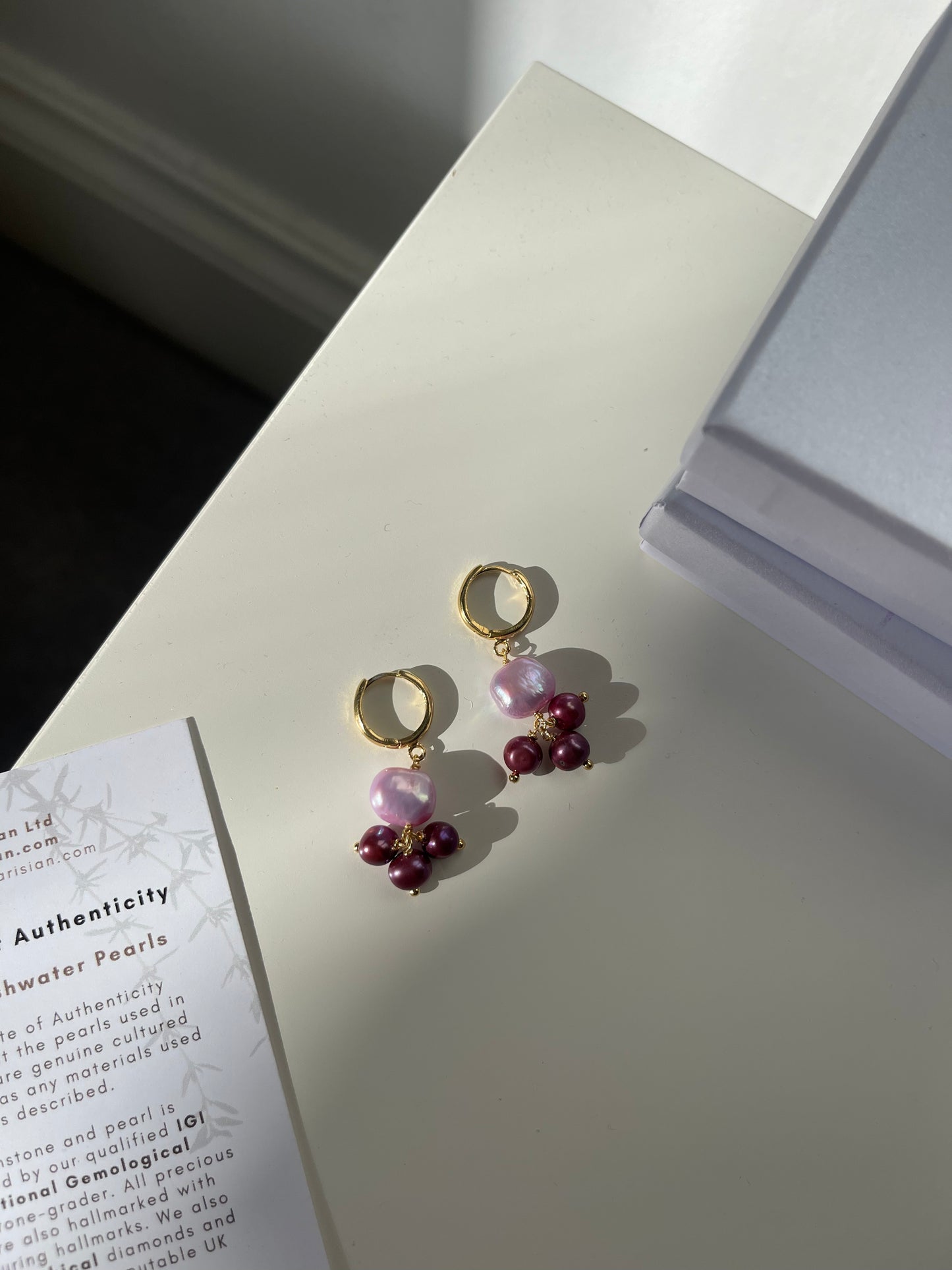 Pink Pearl Dangle Earrings with Huggie Closure