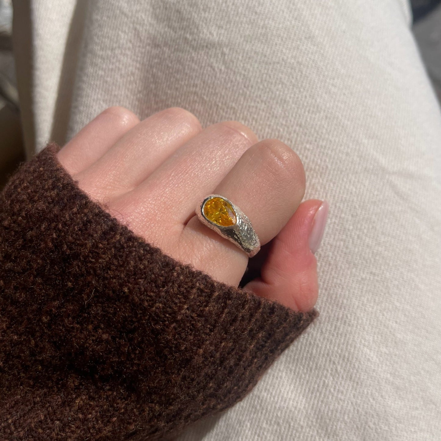 Chunky Yellow Pear Silver Dome Ring