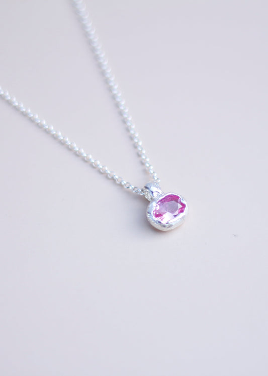 Pink Lab-Grown Sapphire Oval Silver Necklace