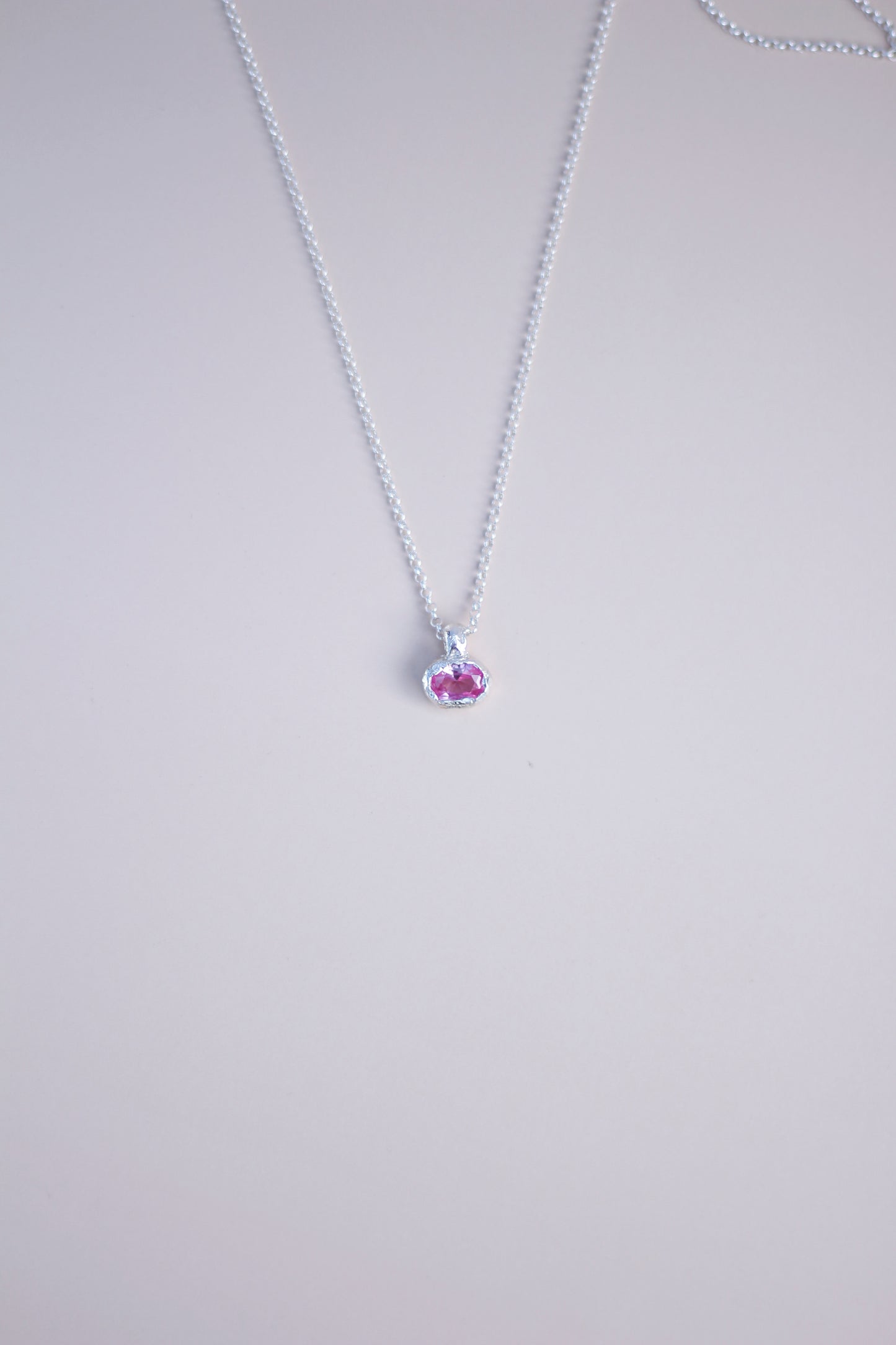 Pink Lab-Grown Sapphire Oval Silver Necklace