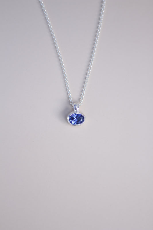 Blue Lab-Grown Sapphire Oval Silver Necklace
