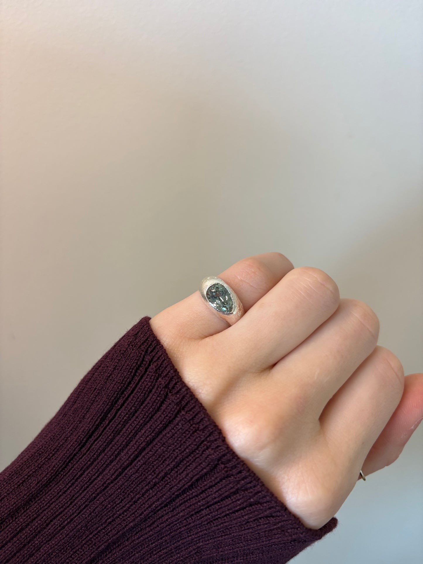 Sage Green Lab-Grown Sapphire Pear Shape Silver Ring