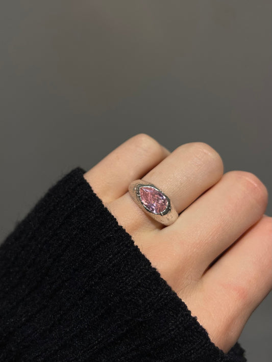 Chunky Pink Pear Silver Dome Ring