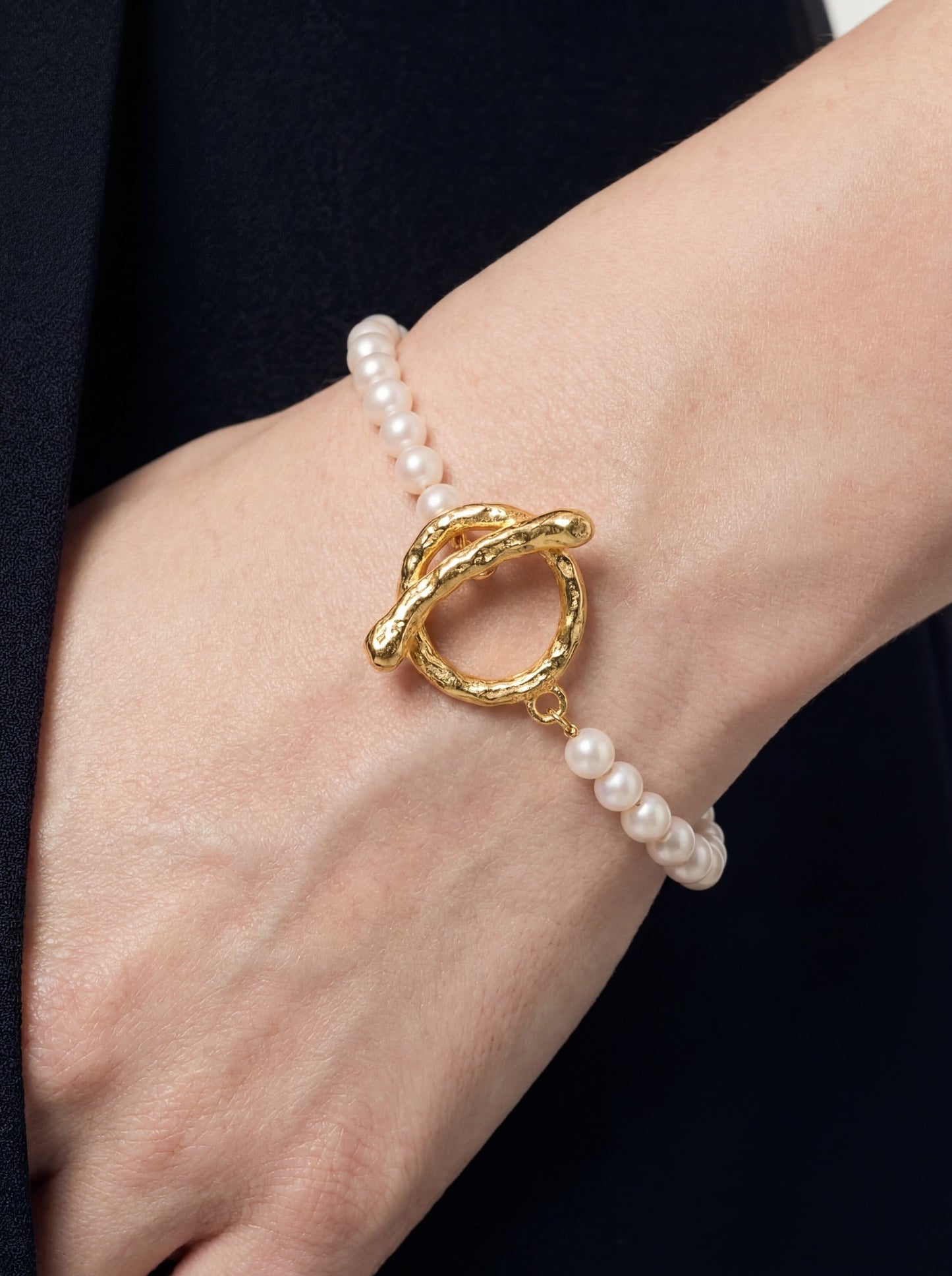 White Pearl Bracelet with Handmade T-Bar Closure