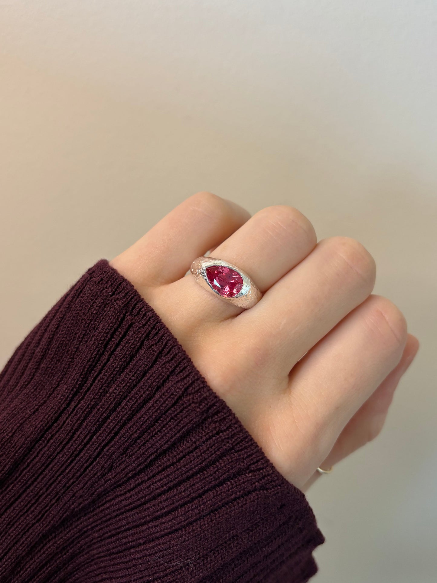 Vivid Pink Lab-Grown Sapphire Pear Shape Silver Ring