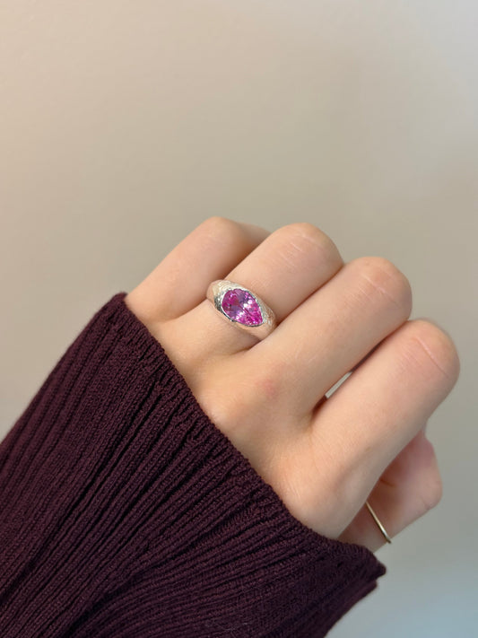Rose Pink Lab-Grown Sapphire Pear Shape Silver Ring