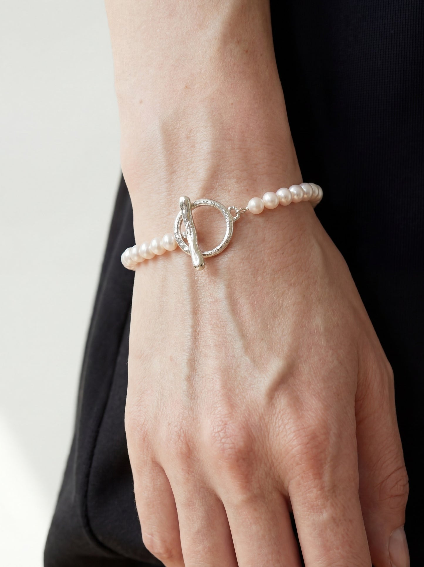 White Pearl Bracelet with Handmade T-Bar Closure