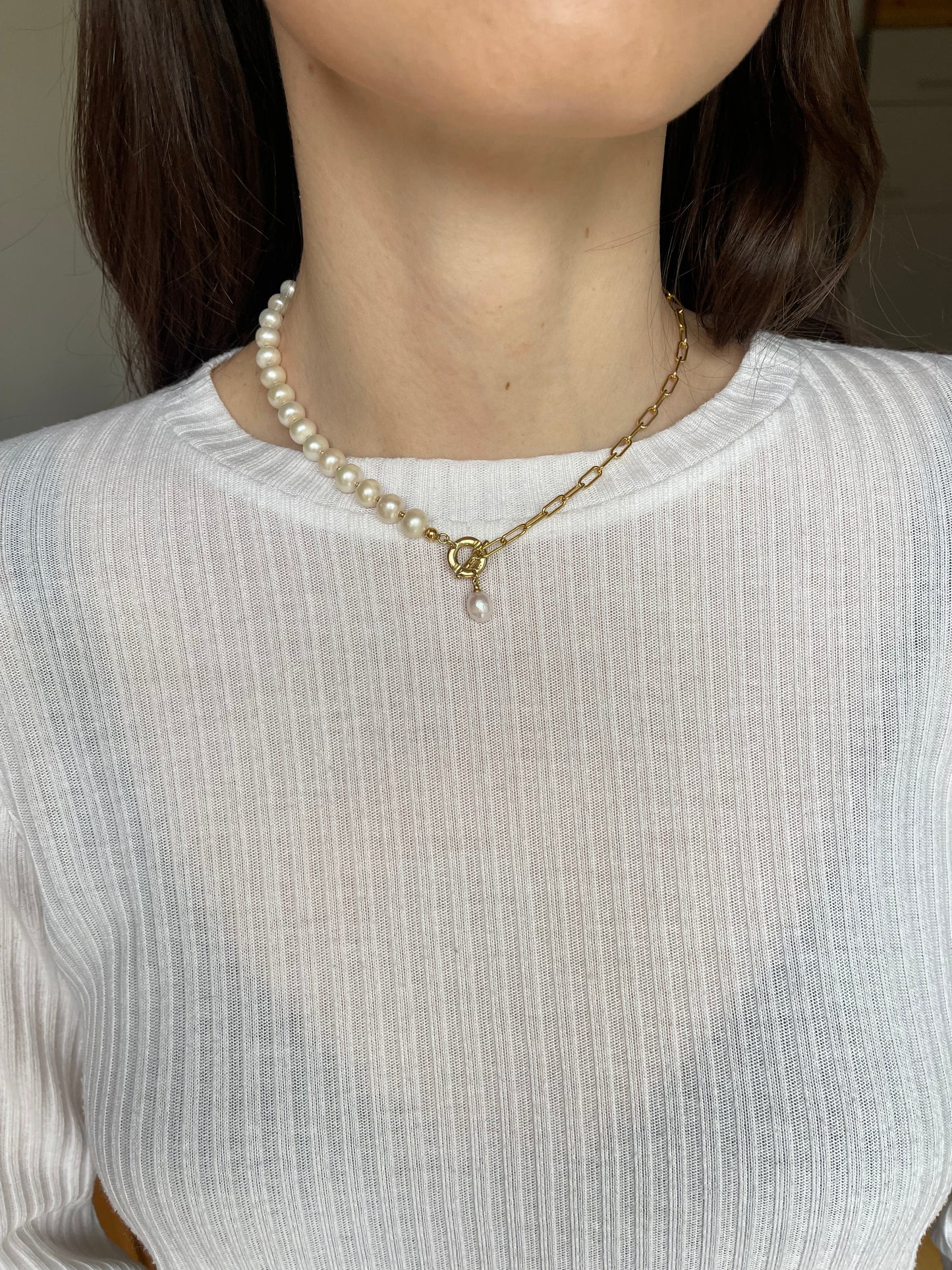 Half Pearl Half Link Necklace