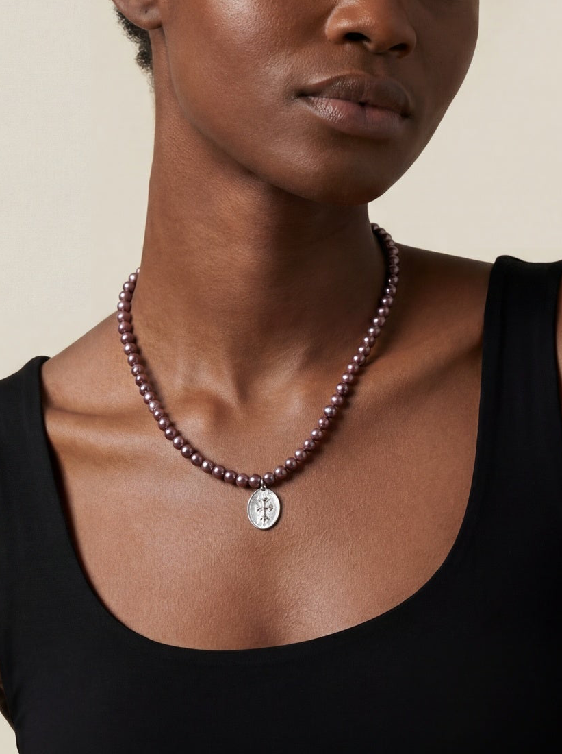 Pink Pearl Cross Medallion Necklace