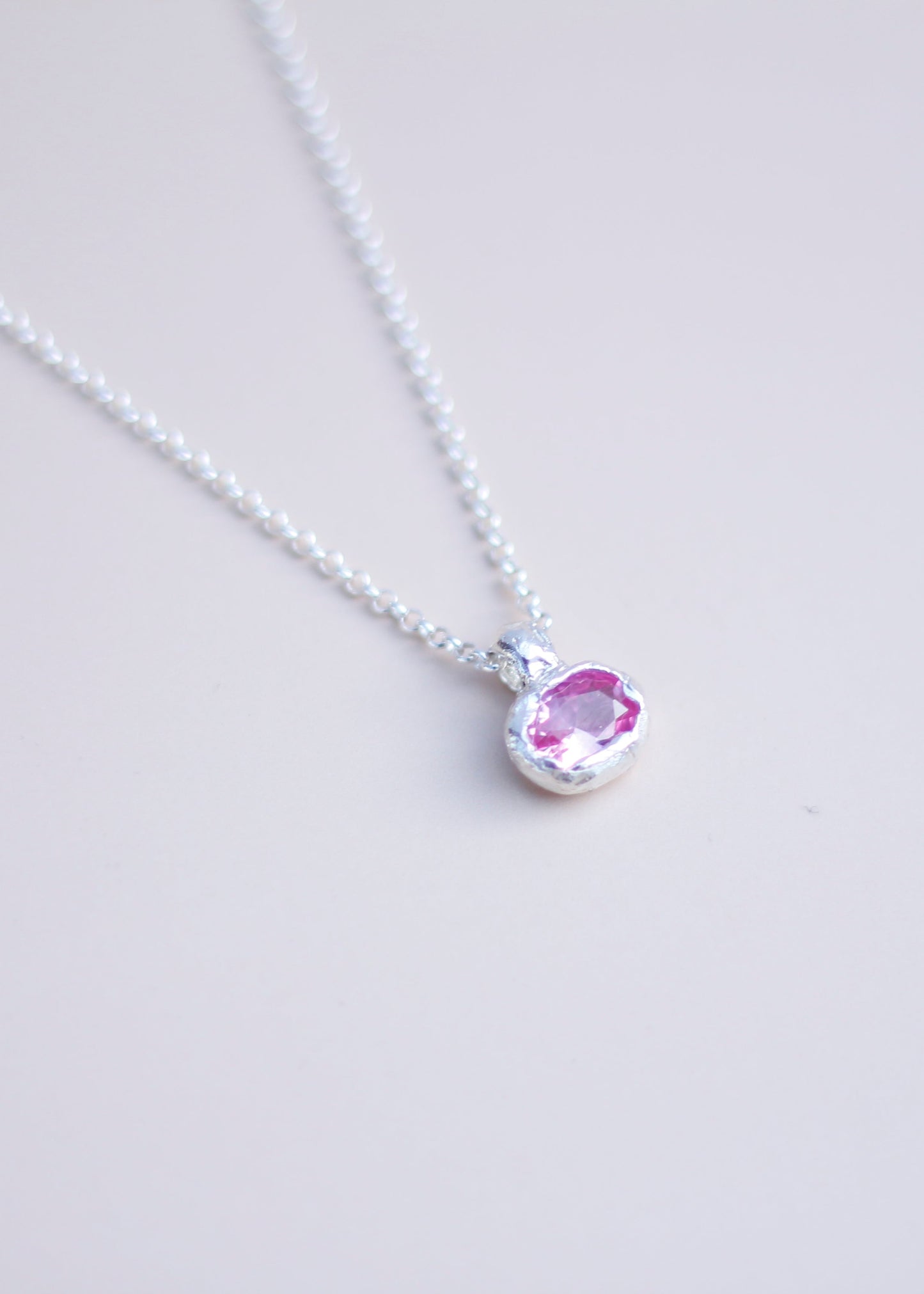 Pink Lab-Grown Sapphire Oval Silver Necklace