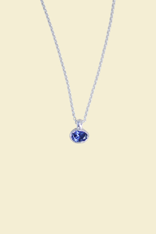 Blue Lab-Grown Sapphire Oval Silver Necklace