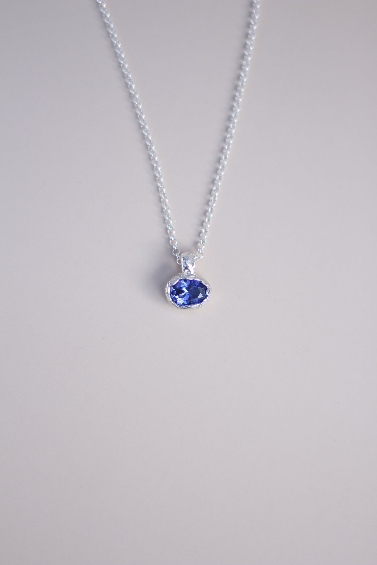 Blue Lab-Grown Sapphire Oval Silver Necklace