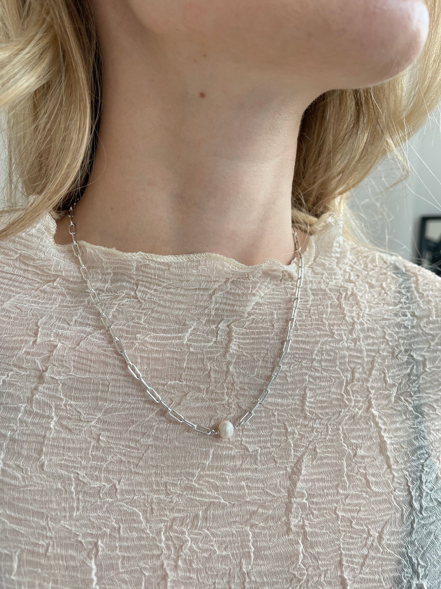 Chunky Paperclip Pearl Necklace