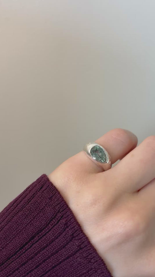 Sage Green Lab-Grown Sapphire Pear Shape Silver Ring
