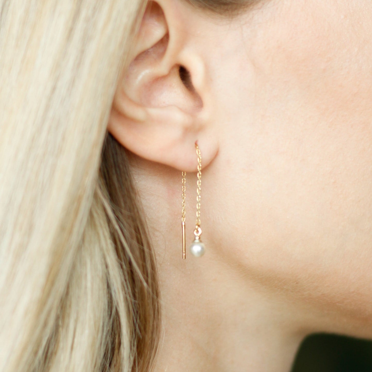 Tiny Chain Threader Pearl Earrings